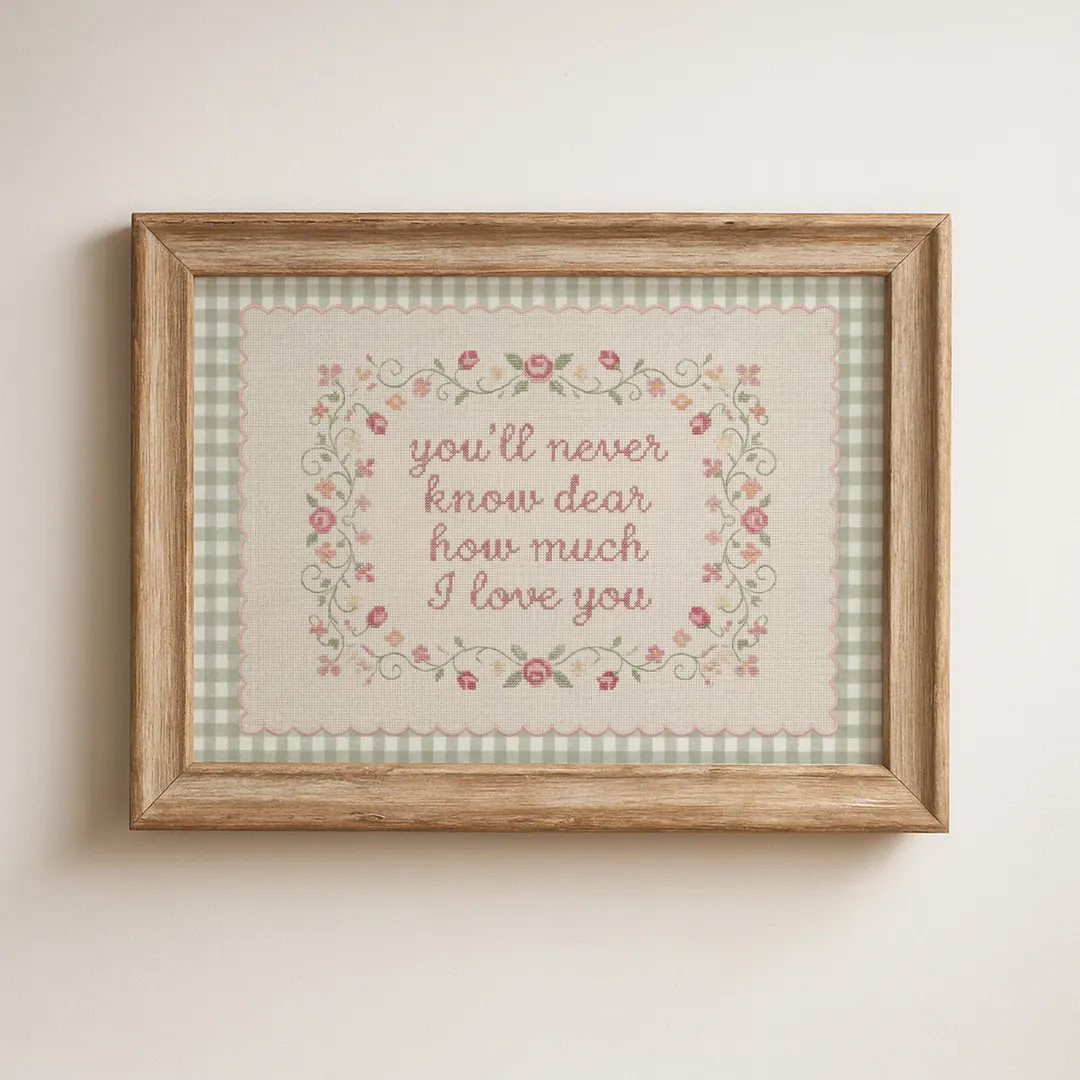 Cottagecore Nursery Wall Art: "you'll Never Know Dear, How Much I Love You", Green Gingham Floral... | Etsy (Global)