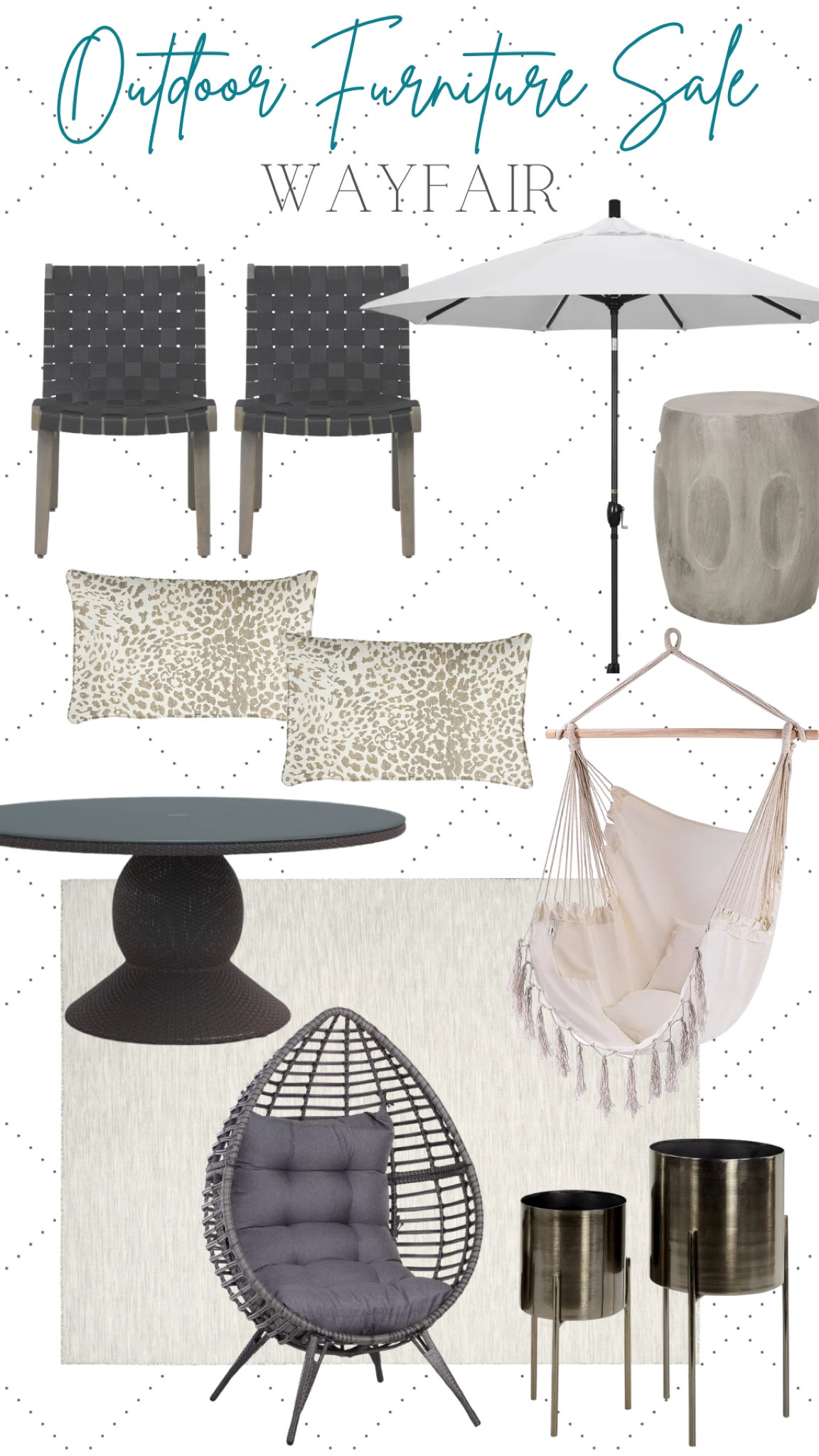 Wayfair Sale
Outdoor furniture 
Area rug 
Patio chairs 
Swing 
Planters 
Dining table 
Side table 
Umbrella 
Egg chair 
Throw pillows 

#LTKhome #LTKsalealert #LTKSeasonal