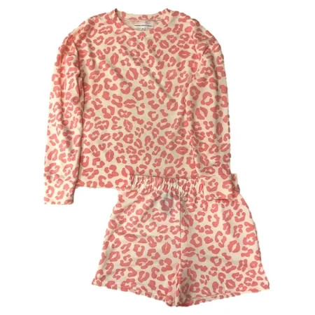 Womens Pink Leopard Print Kiss Pajamas Long Sleeve Tee & Shorts Sleep Set Medium | Walmart (US)