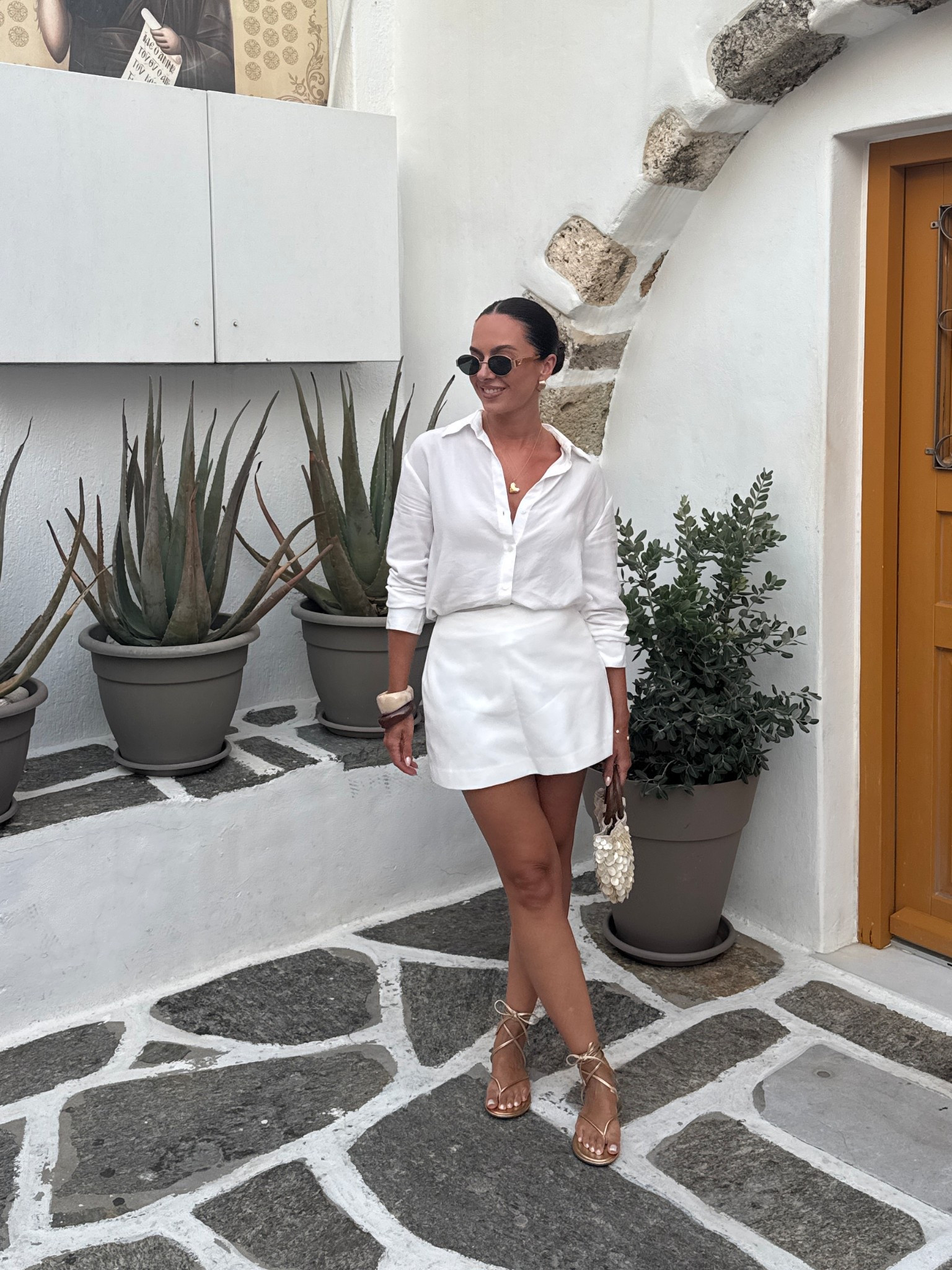 An all white outfit for an evening in Paros