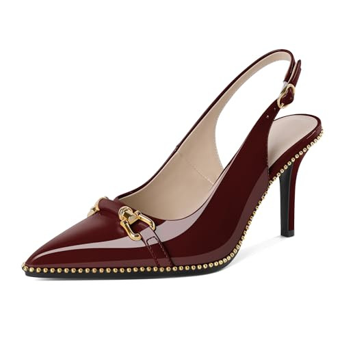 Joseywade Burgundy Heels Burgundy Sling Back Heels Women High Heels Closed Pointed Toe Stiletto Heels Pumps Buckle Gold Beaded Shoes 3.5 Inch for Work Cocktail Club Night Out Size 9 | Amazon (US)