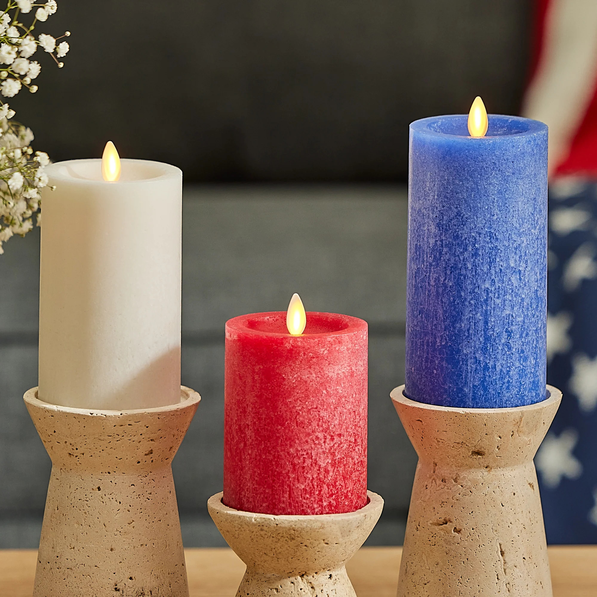 Set of 3 Red, White & Blue Flameless Candle Pillars | Luminara