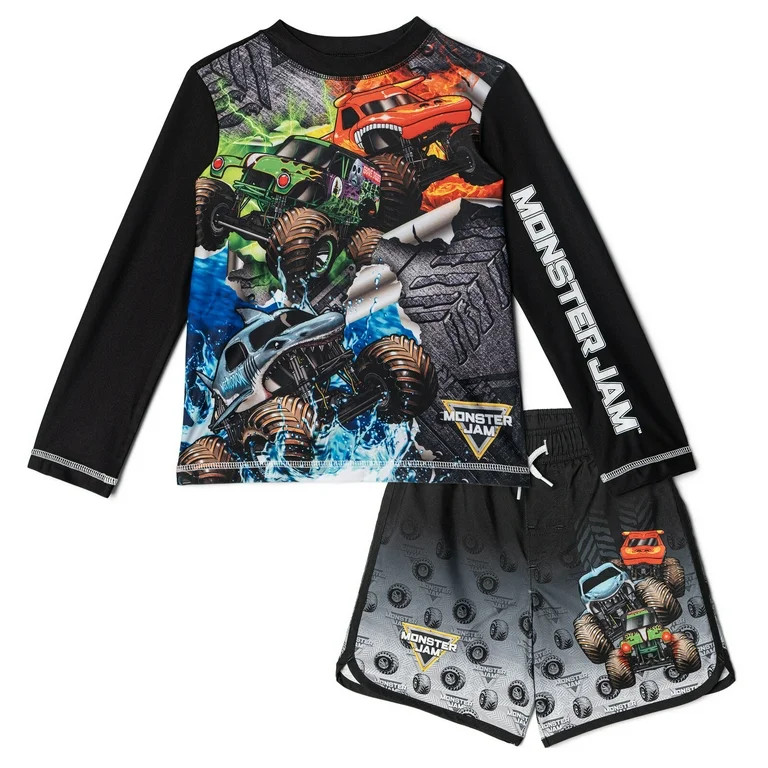 Monster Jam Grave Digger El Toro Loco Megalodon Raglan Rash Guard and Swim Trunks Outfit Set UPF ... | Walmart (US)
