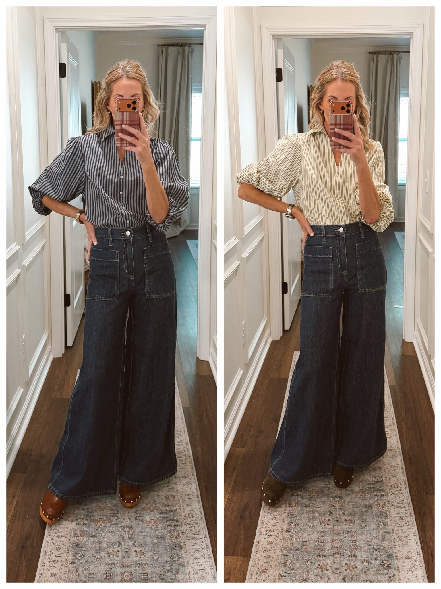 Trending Palaza gene come in two washes paired with these cute puff sleeve tops less than $25. Size XS in tops and 0 in jeans.