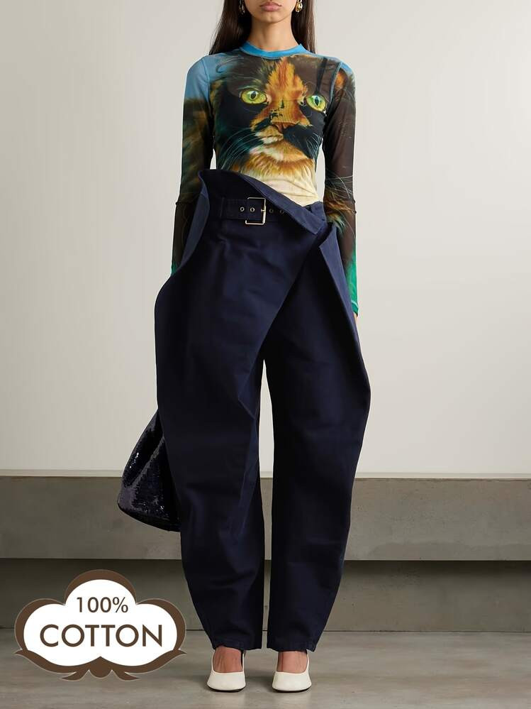 Magic Mia Women's High Waist Cargo Barrel Pants - Navy Blue Paperbag Waist With Adjustable Belt & Multi-Pockets | Vintage Tapered Fit For Casual Daily, Office Work & Outdoor Hiking(100% Cotton Breathable) For All Seasons | SHEIN