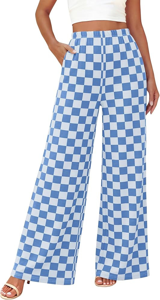 BTFBM Womens Checkered Palazzo Pants Wide Leg High Waisted Pockets Gingham Casual Lounge Pajama T... | Amazon (US)
