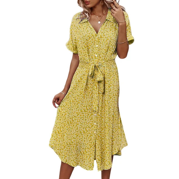 Spring hue Women's Button Midi Dress, Short Sleeve Floral Print Shirt Dress - Walmart.com | Walmart (US)