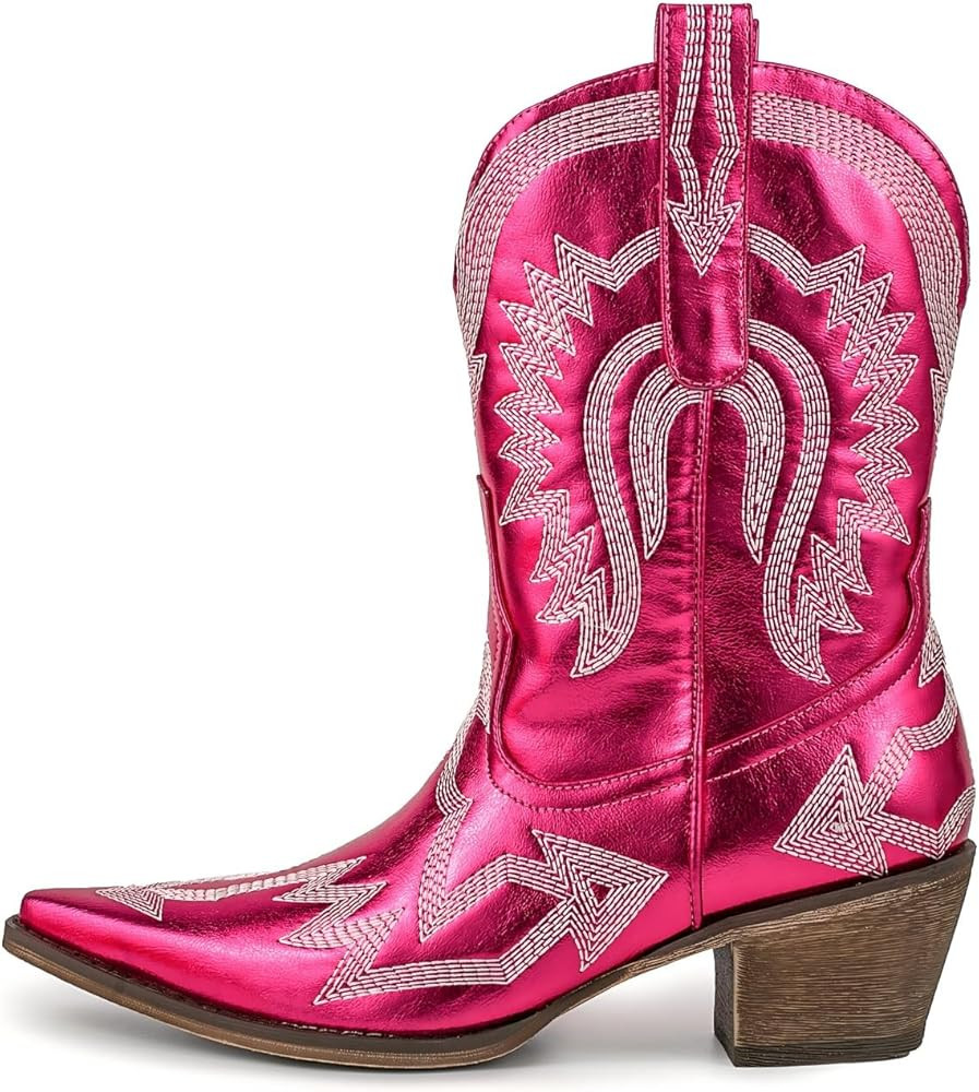 Women's Embroidered Cowgirl Boots Calf Thick Heels Pointed Head Country Music Festival Vintage We... | Amazon (US)
