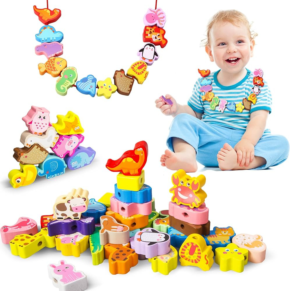 Eivaai Montessori Educational Wooden Lacing Beads Toys for Toddler 3 4 5 Year Old, Farm Animals D... | Amazon (US)