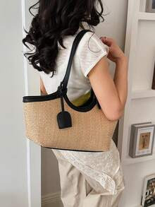 NEW1pc Woven Straw Tote Bag With Beaded Pendant, Brown Leather Trim Shoulder Bag, Women's Casual ... | SHEIN