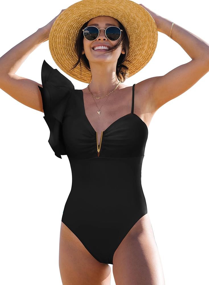 SPORLIKE Women One Piece Swimsuit Ruffle One Shoulder Bathing Suit Padded Monokini | Amazon (US)