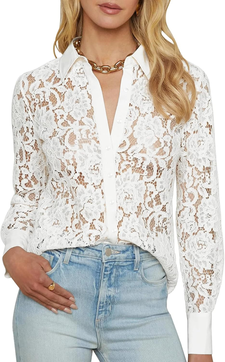 Lace Tops for Women Sheer Long Sleeve Blouses Dressy Casual Button Down Shirts Boho Floral Tops | Amazon (US)