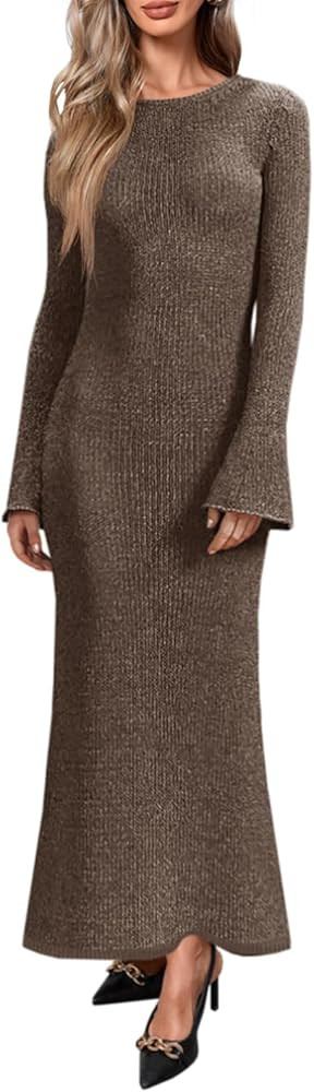 Yousify Womens Bell Long Sleeve Maxi Dress Casual Crewneck Knit Slim Fit Flowy Sweater Dresses | Amazon (US)