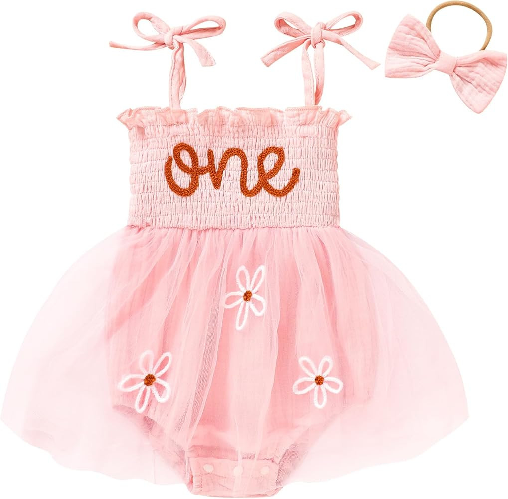 Baby Girl 1st Birthday Clothes One Year Old Tulle Romper Sleeveless Bodysuit Cake Smash Outfits | Amazon (US)