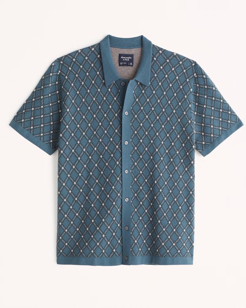 Abercrombie & Fitch Men's Geometric Button-Through Sweater Polo in Teal Pattern - Size S | Abercrombie & Fitch (US)