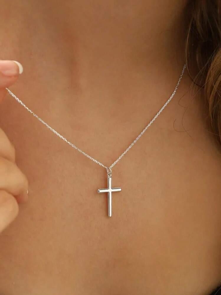 Women's Silver Cross Necklace, Minimalist Religious Jewelry, Suitable For Daily Or Outdoor Wear, ... | SHEIN