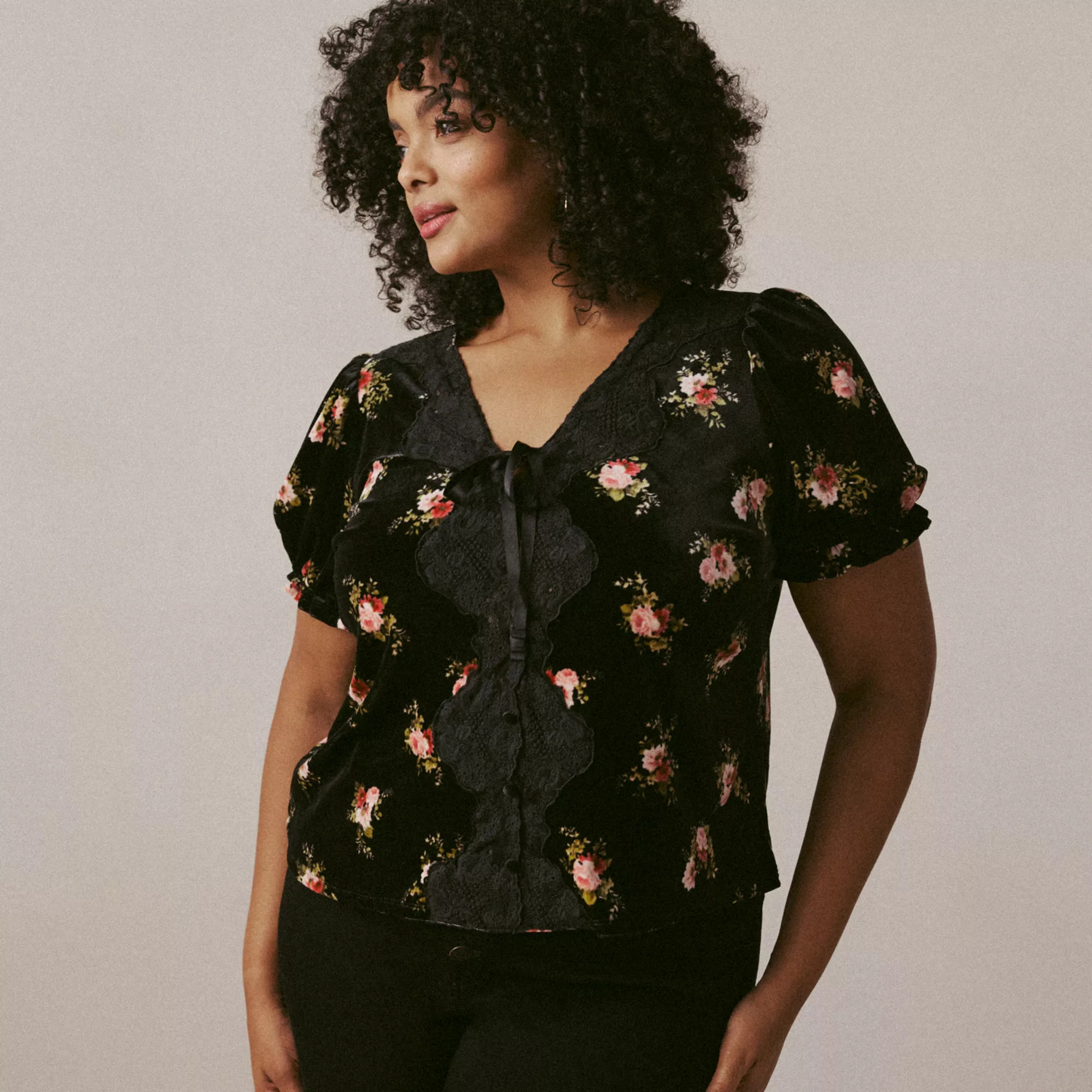Plus Size LC Lauren Conrad Lace Trim Puff Sleeve Floral Top | Kohl's