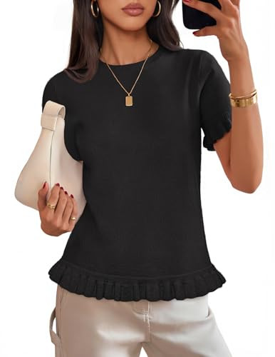 MEROKEETY Women's Spring Short Sleeve Sweater 2026 Summer Business Casual Shirt Cute Ruffled Knit... | Amazon (US)