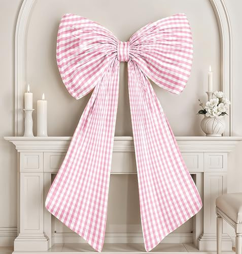 Big Pink Bow Decor Giant Pink White Checkered Coquette Bow for Birthday Party Decorations for Girls, Large Ribbon Tie Hanging Gift Coquette Wall Decor (Textured Cotton, Internal Stability Layer) | Amazon (US)