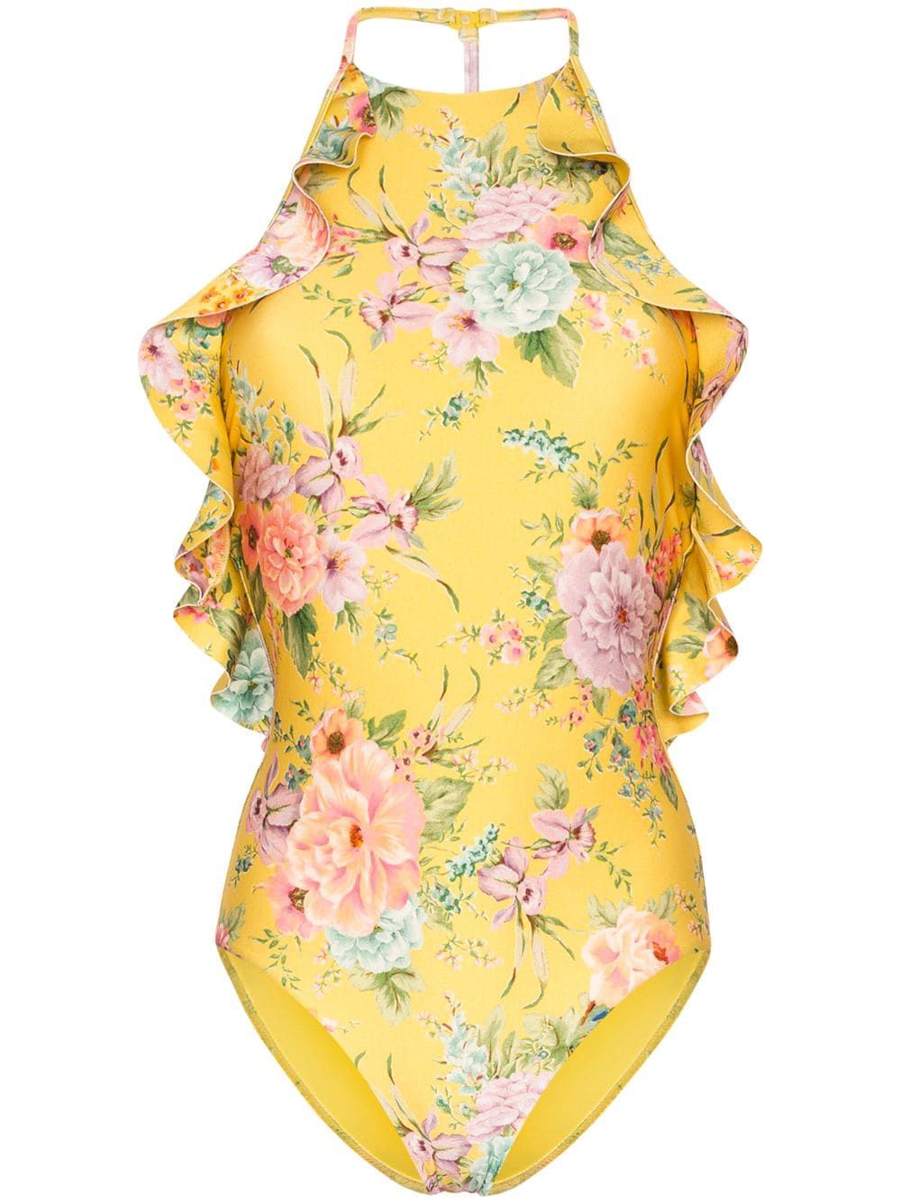halterneck ruffled floral swimsuit | Farfetch (US)