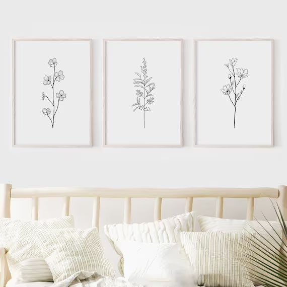 Flower Line Art. Set Of 3 Prints. Floral Line Art. Flower Print Set. Botanical Print Set. Bedroom... | Etsy (US)