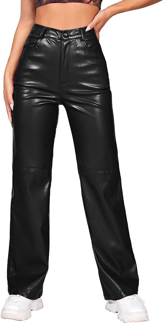 MakeMeChic Women's PU High Waist Faux Leather Straight Leg Pants with Pockets Black Petite M at A... | Amazon (US)