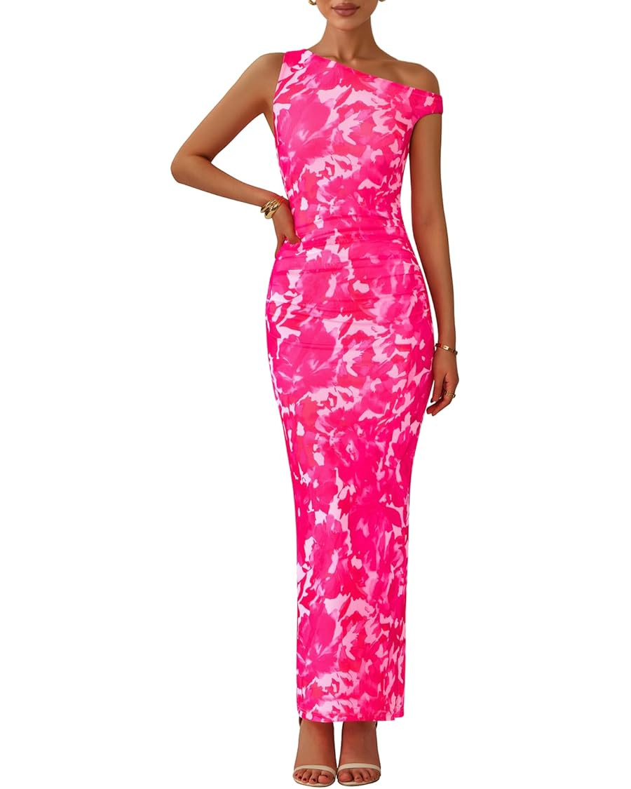 PRETTYGARDEN Women's 2025 Summer Floral One Shoulder Maxi Dress Wedding Guest Ruched Mesh Bodycon... | Amazon (US)