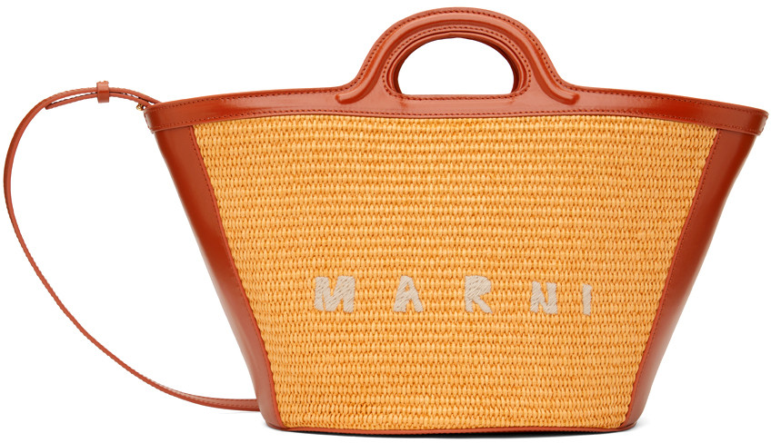 Marni Orange Tropicalia Small Leather Raffia-Effect Tote | SSENSE