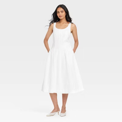 Women's Corset Midi A-Line Dress - A New Day™ White 4: Cotton Rayon Blend, Lightweight Canvas, U Neck, Side Zipper, Pockets | Target