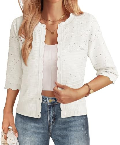 White Cardigan for Women 3/4 Sleeve Light Weight Summer Cropped Cardigan Sweater Button Up Crochet Knit Cardigan Shrugs | Amazon (US)