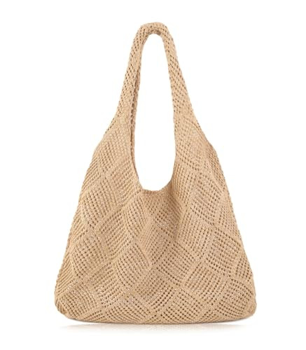 COOKOOKY Crochet Beach Tote bag Summer Beach Bag for Women Aesthetic Mesh Tote Bag Hippie Bag Knit Bag (D-Khaki, Medium) | Amazon (US)