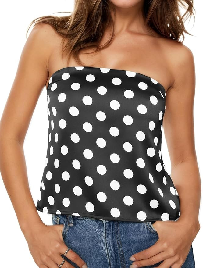 Womens Strapless Polka Dot Satin Tube Tops Cute Backless Going Out Bandeau Top Y2k Off Shoulder S... | Amazon (US)