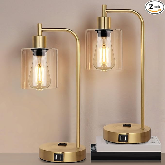 QiMH Set of 2 Industrial Touch Control Table Lamps with 2 USB Ports and 2 AC Outlets, 3-Way Dimm... | Amazon (US)