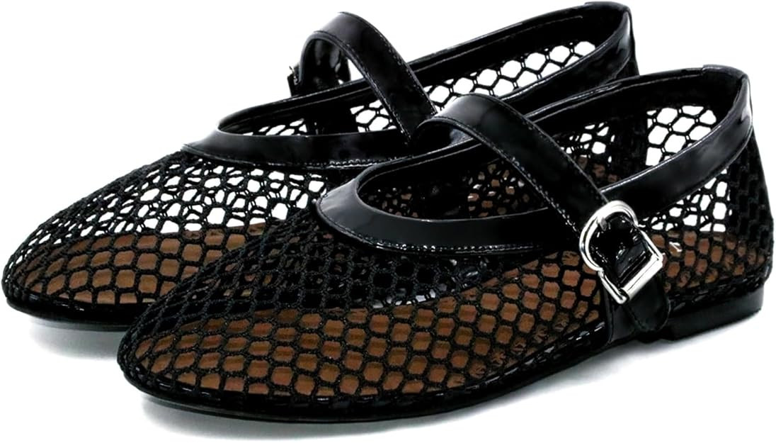 Mesh Ballet Flats for Women Buckle Strap Round Toe Wide Width Mesh Flats Casual Ballerina Shoes | Amazon (US)