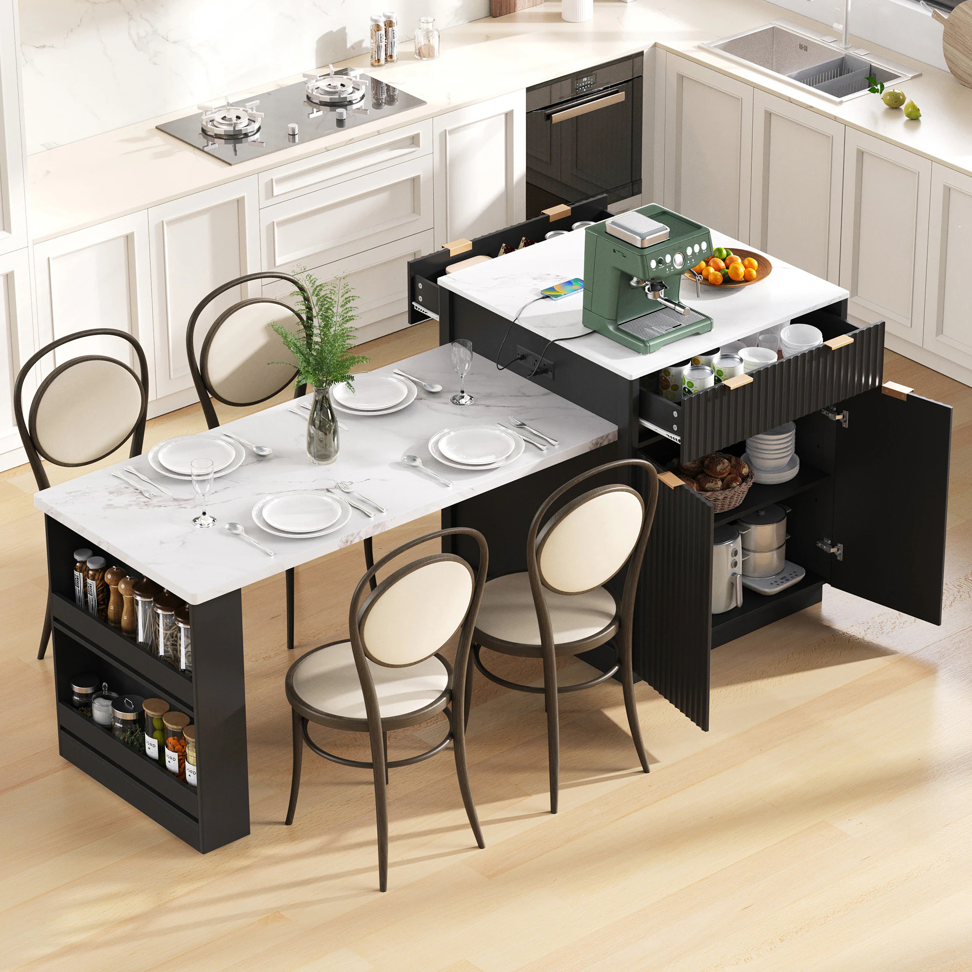 ModernLuxe 82.6inch Fluted Kitchen Island with Etendable Dining Table for 46 Island Table for Kitchen with Power Outlet Kitchen Table with DoubleSide | Lowe's