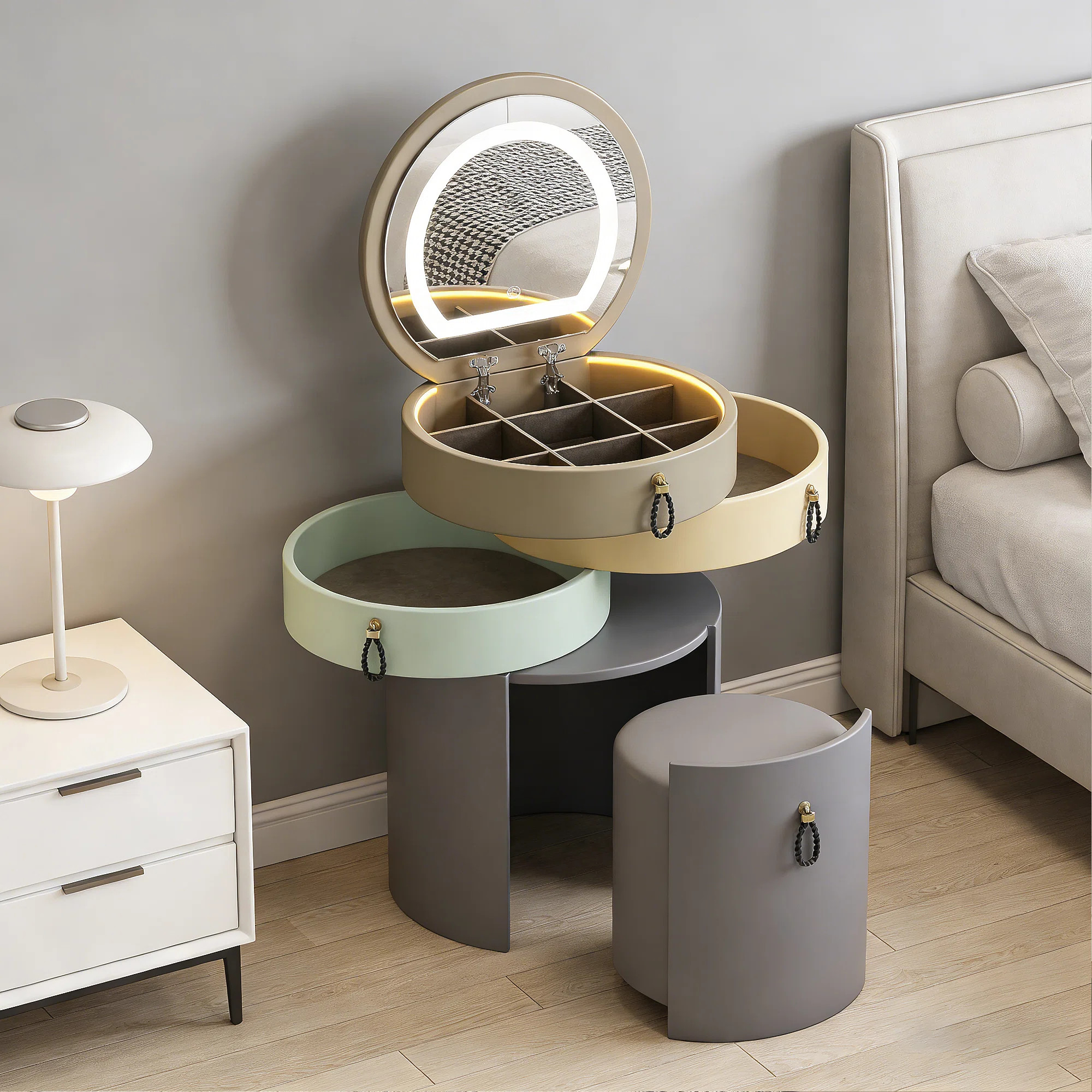 Modern Minimalist Creative Cylindrical Vanity Set with Stool and Mirror | Wayfair North America