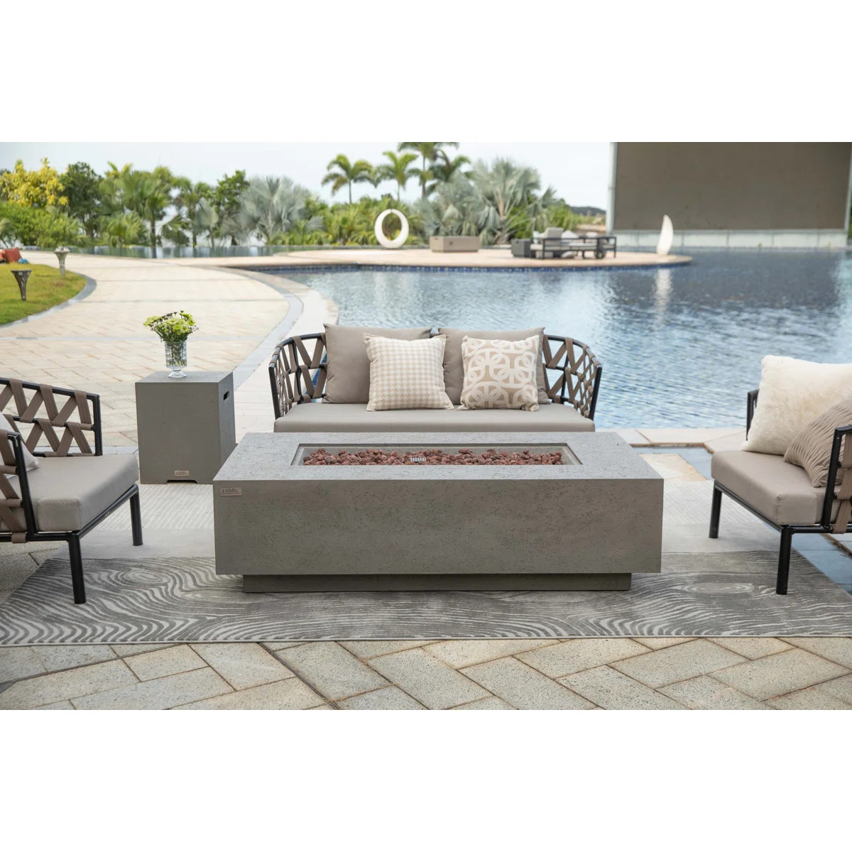 Madison 17'' H x 60'' L Travertine Outdoor Fire Pit Table - Includes Lava Rocks & Cover | Wayfair North America