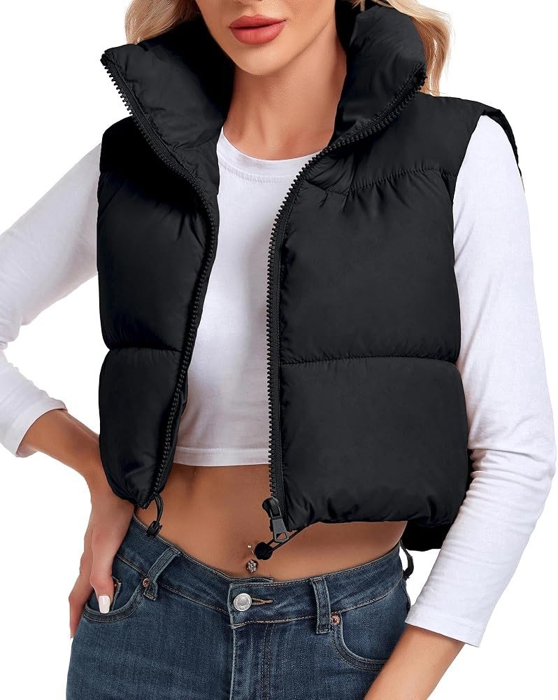 Women's Cropped Puffer Vest Sleeveless High Stand Collar Cute Outerwear Lightweight Zip Up Warm P... | Amazon (US)