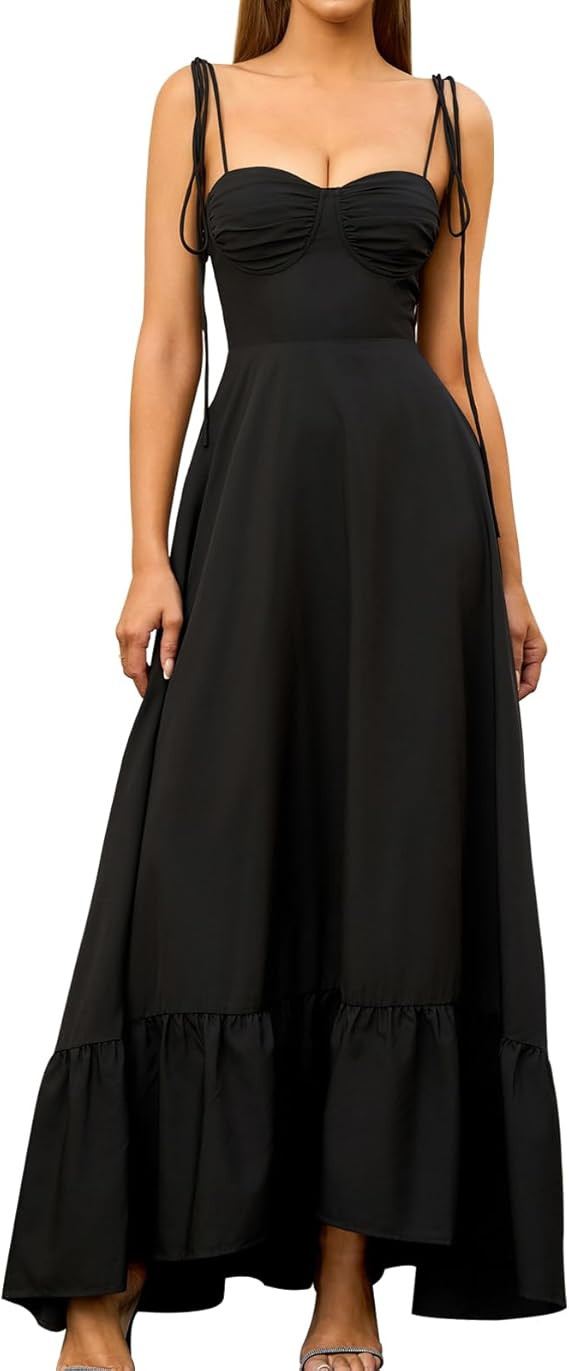 GLNEGE Women's Summer Spaghetti Strap Maxi Dress Casual Sleeveless Smocked Ruffle Tea Party Dress... | Amazon (US)