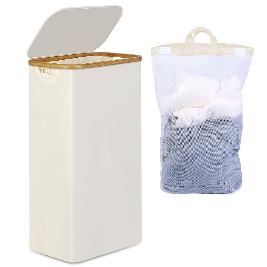 Slim Laundry Basket with Lid, Narrow Laundry Hamper with Removable Bag, Skinny Dirty Clothes Bask... | Amazon (US)