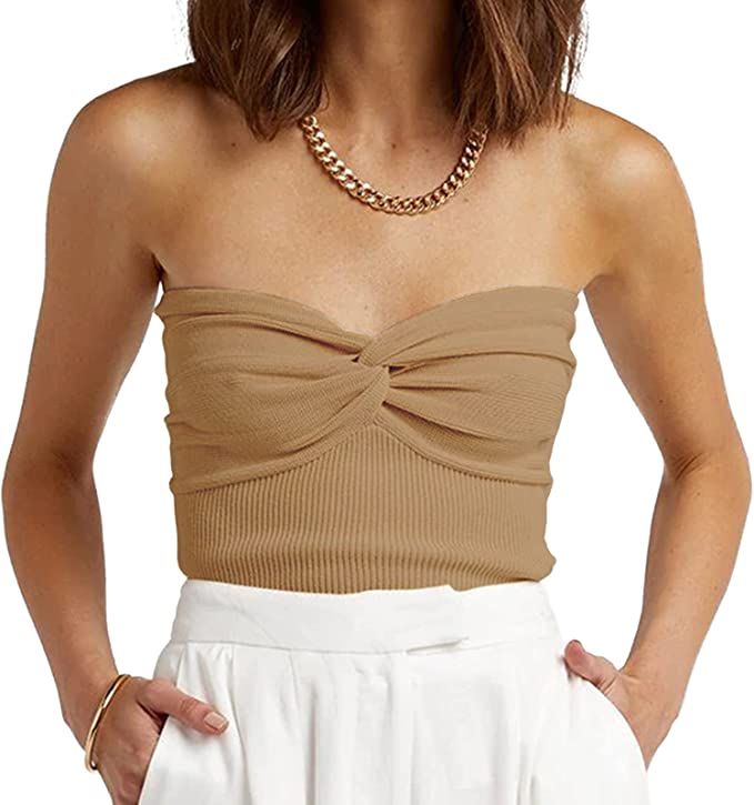 Womens Strapless Crop Top Sexy Sweetheart Neck Ribbed Knit Twisted Knot Front Sleeveless Y2K Cami... | Amazon (US)