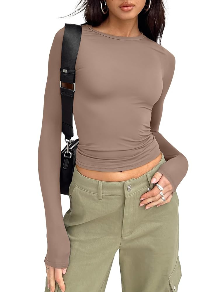 Trendy Queen Womens Long Sleeve Shirts Fall Fashion 2025 Basic Crop Tops Going Out Workout Outfit... | Amazon (US)