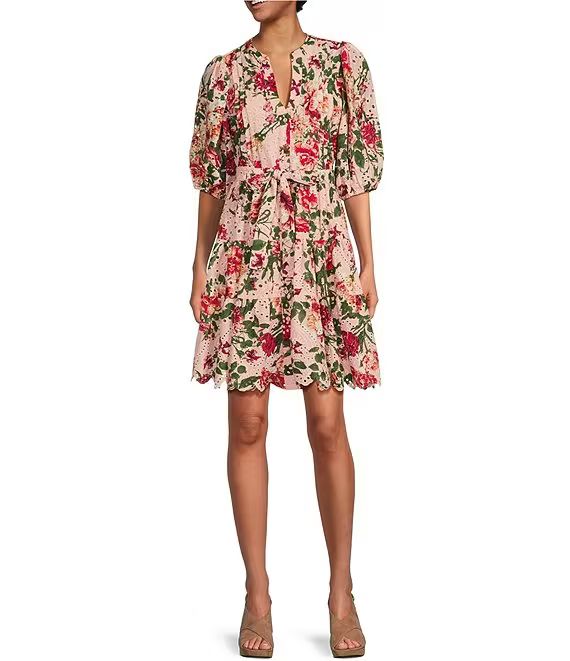 Gibson & Latimer Floral Printed Eyelet Split Round Neck Elbow Puff Sleeve Button Down Belted Scal... | Dillard's