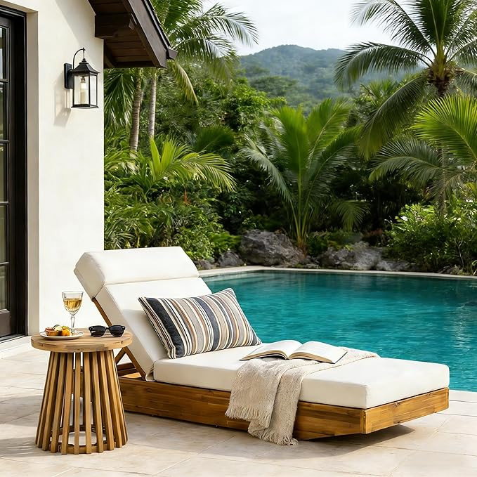 Acacia Wood Chaise Lounge with Foldable Cushion - Teak Finish Outdoor Recliner, 300lbs Capacity W... | Amazon (US)