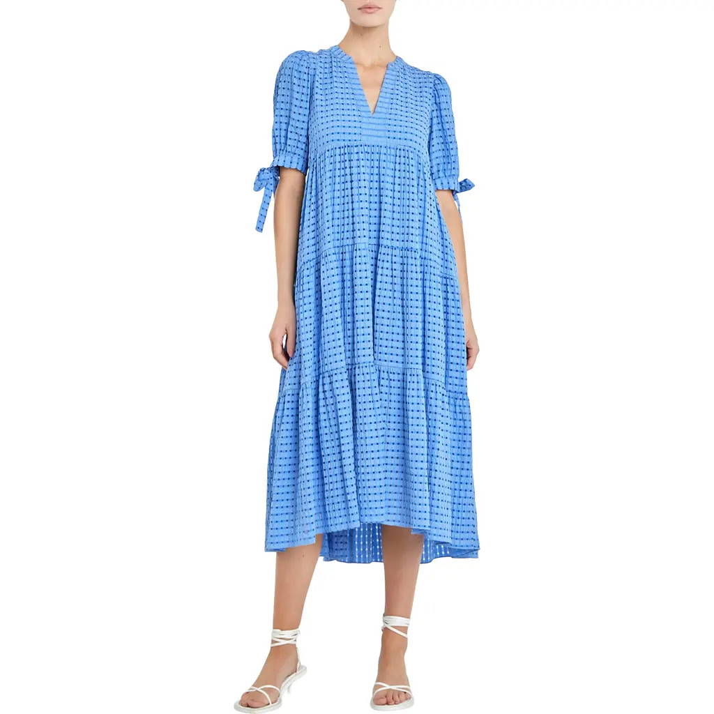 English Factory Gingham Tiered Midi Dress in Cobalt at Nordstrom, Size X-Small | Nordstrom