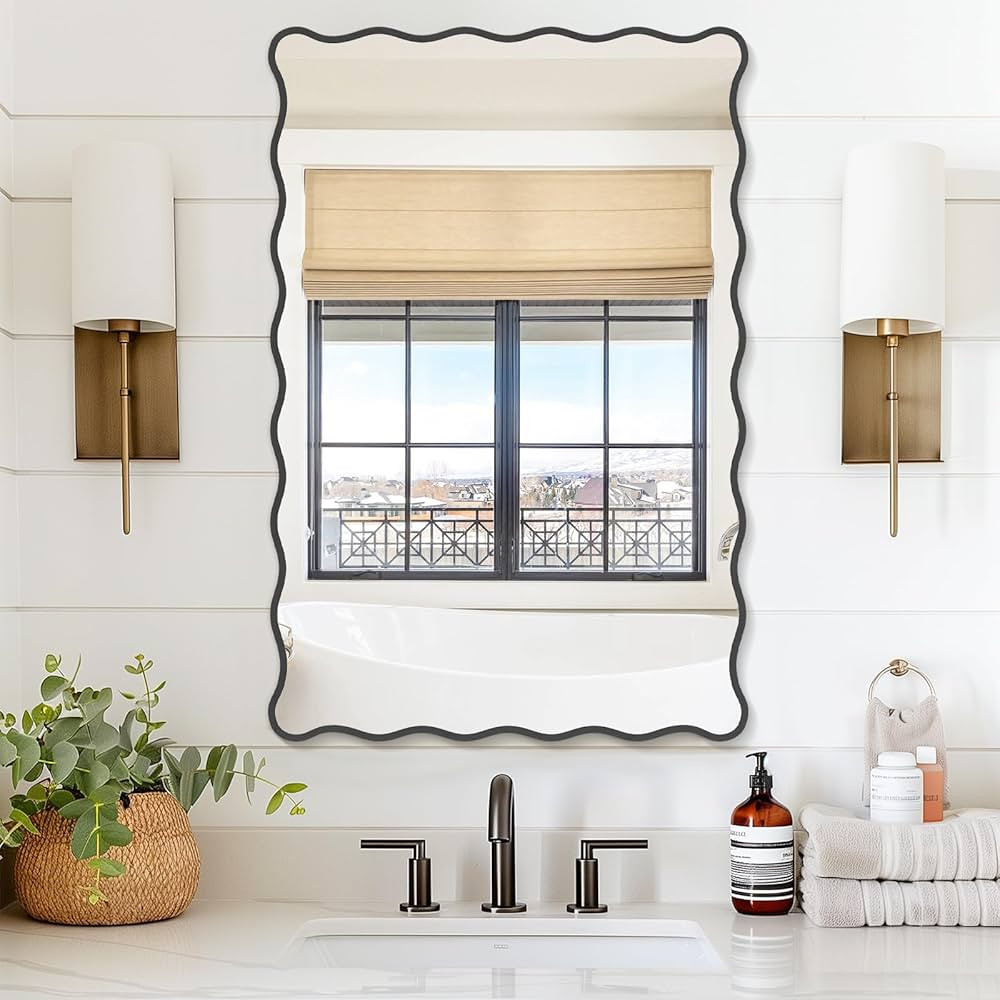 Black Wavy Bathroom Mirror 20" x 30" Rectangle Scalloped Mirror for Wall Decor, Bathroom Vanity, ... | Amazon (US)