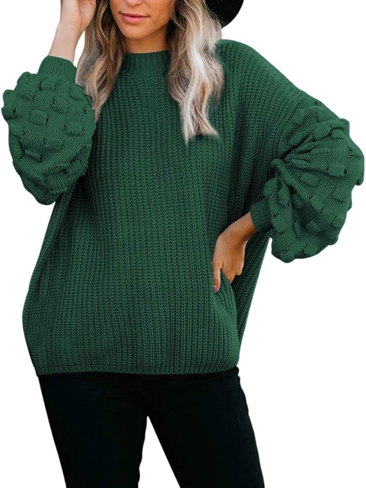 Women's Cute Oversized Crewneck Loose Puff Sleeves Chunky Knit Pullover Sweater | Amazon (US)