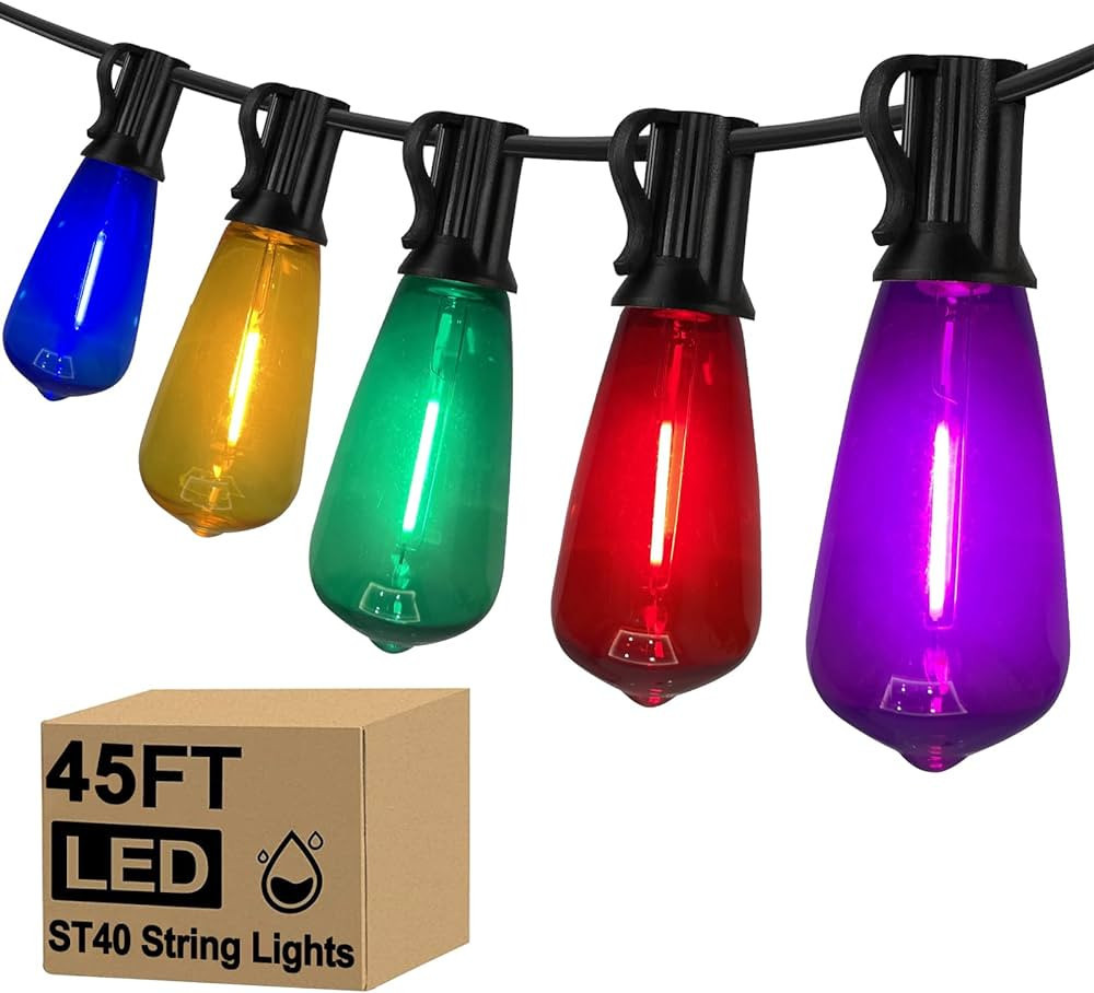 45Ft Multicolor Outdoor String Lights, ST40 Vintage Patio Lights with 32 LED Dimmable Edison Bulb... | Amazon (US)