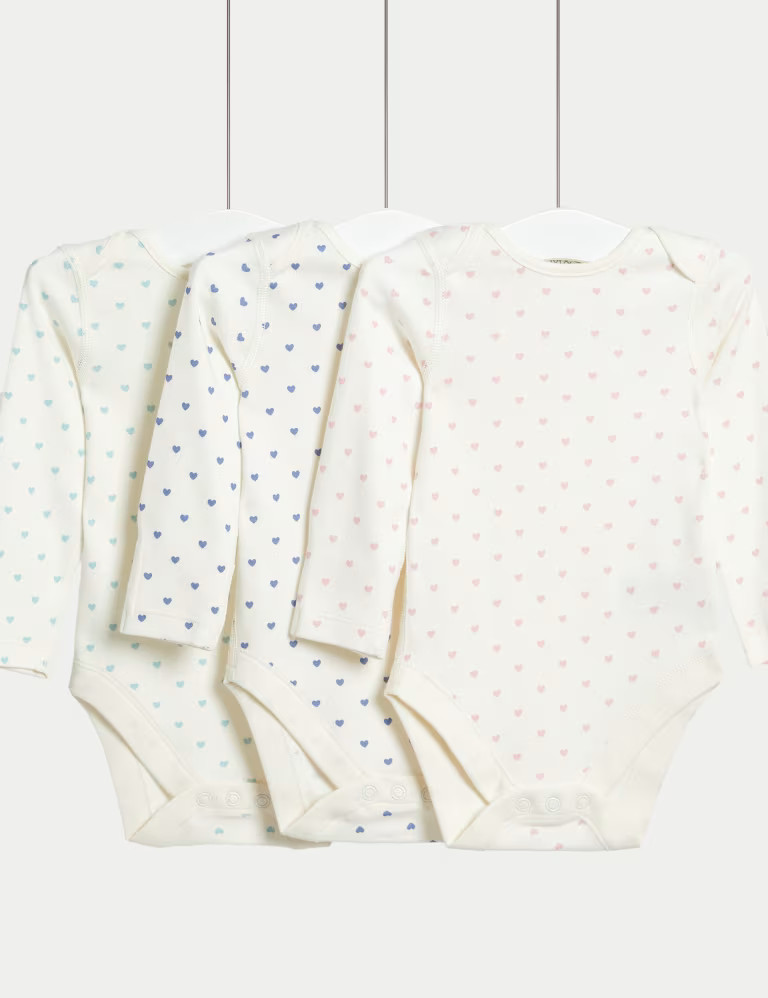 3pk Pure Cotton Heart Print Bodysuits (0-3 Yrs) | Marks & Spencer (UK)