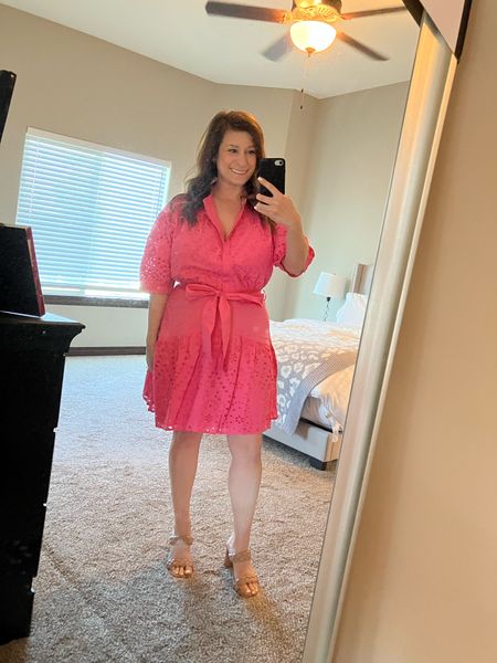 Womens dress / eyelet dress /shirt dress / Walmart / spring / pink dress/ full bust friendly / petite / wedding guest / workwear/ midsize / postpartum / dress / sandals

#LTKunder50 #LTKcurves #LTKworkwear